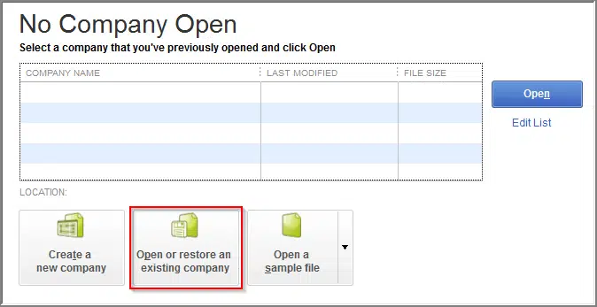 Open Company File screen