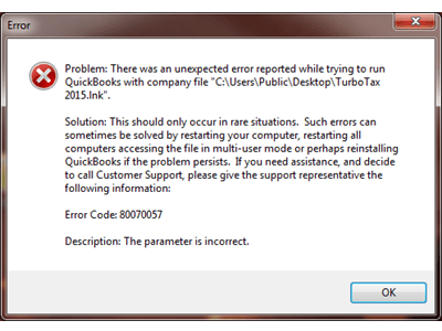 QuickBooks Error 80070057 screenshot