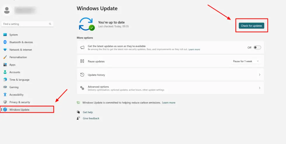 Windows update option