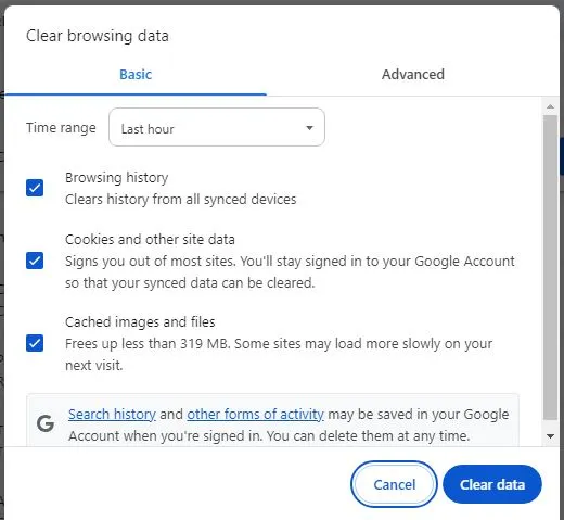 Clear browsing data option